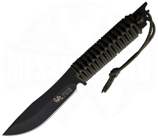 Linton Cutlery Fixed Blade Black mit 15,8 cm Clip-Point-Klinge und olivem Paracord-Griff