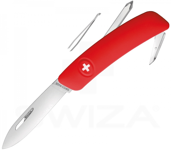 SWIZA D02 pocket knife with Phillips screwdriver, tweezers and awl, handle scales in red