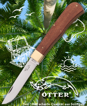 Pocket knife with wooden handle, Otter knife with palm tree background in summer, pocket knife from Germany