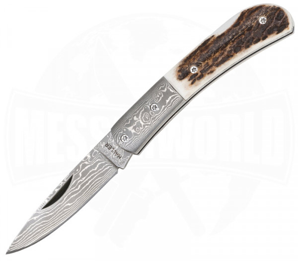 Haller Damascus Pocket Knife Deer Horn Handle