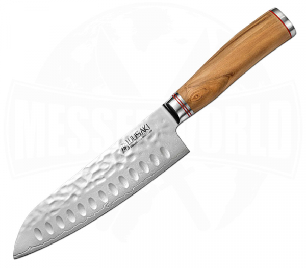 Wusaki Santoku 17 cm Damast Olive Hammerschlag