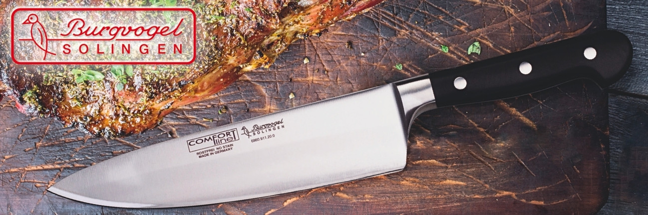 Burgvogel Kochmesser aus der Comfort Line mit schwarzen Kunststoffgriffen und Edelstahlklinge