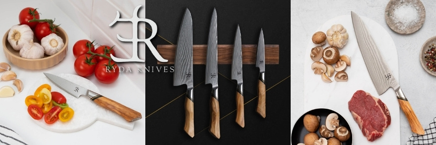 Ryda Knives A73 Erstklassige Damastkochmesser mit Olivenholzgriffen