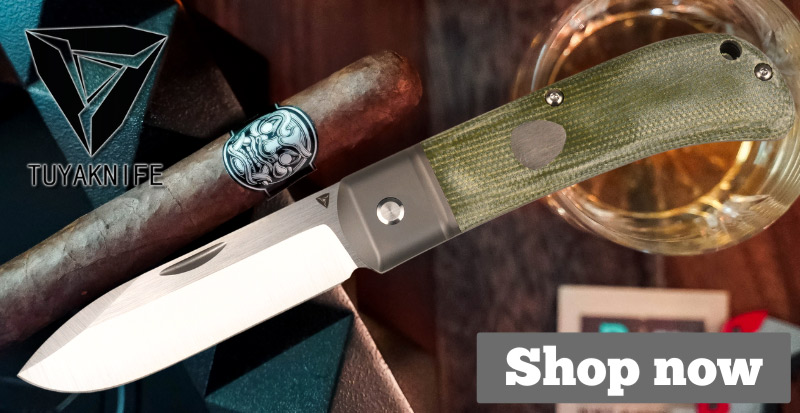 Tuya folding knife with green micarta handle, cigar and whiskey in the background, gentleman knife, folding knife by Tuya Knife