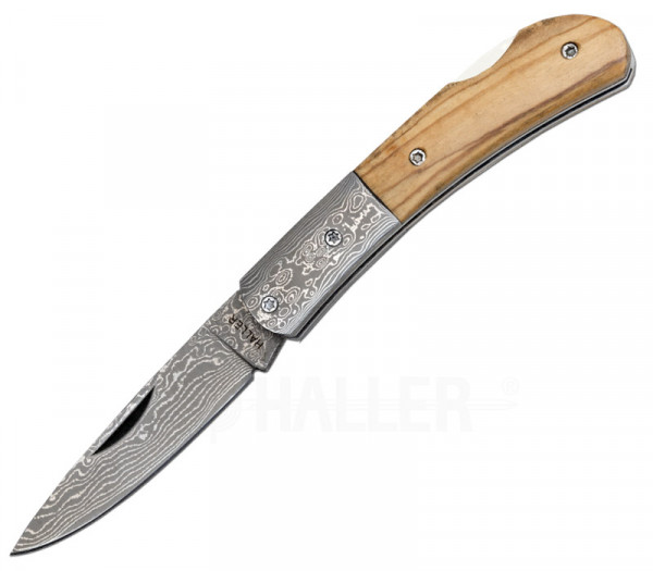 Damascus pocket knife olive wood handle